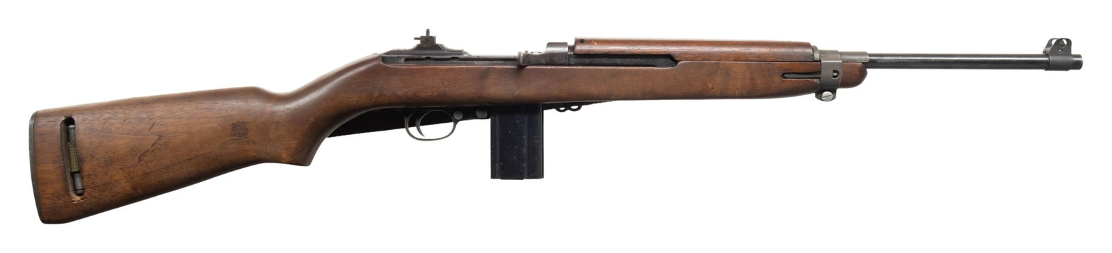 U.S. WWII QUALITY HARDWARE M1 SEMI-AUTO MILITARY: CARBINE. Cal. 30 Carbine. S# 1877344. Bbl. 18". Barrel has no visible markings except "ROCK-OLA" on the right side of the gas piston lug. Replacement wide barrel band marked "SA". Clamping screw is af