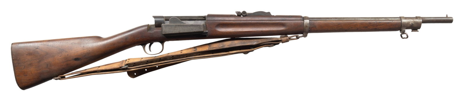 U.S. SPRINGFIELD MODEL 1898 KRAG BOLT-ACTION: SHORTENED MILITARY RIFLE. Cal. 30-40 Krag. S# 173546. Bbl. 23 3/4". Rifle likely shortened for school or cadet use. Rifle has been shortened and front sight replaced by a screw-in post, the threads of