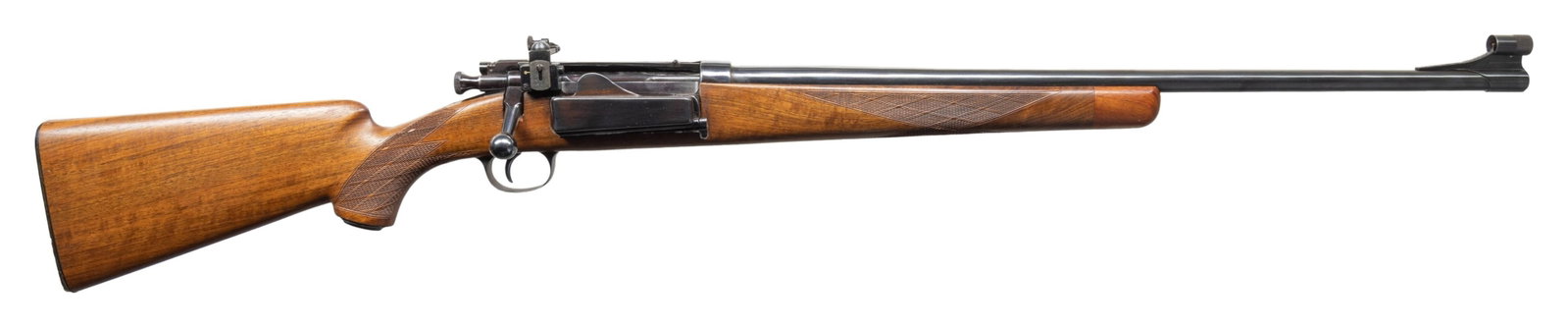 U.S. SPRINGFIELD MODEL 1898 KRAG BOLT ACTION: SPORTERIZED RIFLE. Cal. 30-40 Krag. S# 220339. Bbl. 34". Rifle has professional sporterization. Barrel shortened to 24". Lyman Model 57K aperture rear sight with coin slotted knobs. Original rear sigh