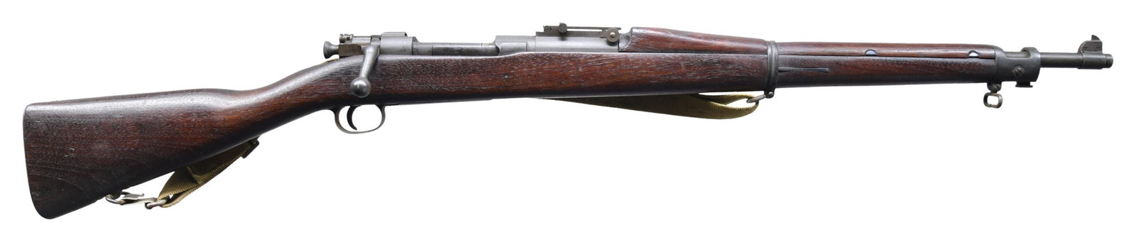 US REMINGTON MODEL 1903 BOLT-ACTION MILITARY RIFLE: Cal. 30-06. S# 3221767. Bbl. 24". Marked behind front sight "RA / flaming bomb / 9-42". This rifle was manufactured by Remington in the early WWII era & has the transitional feature of the rear sight 