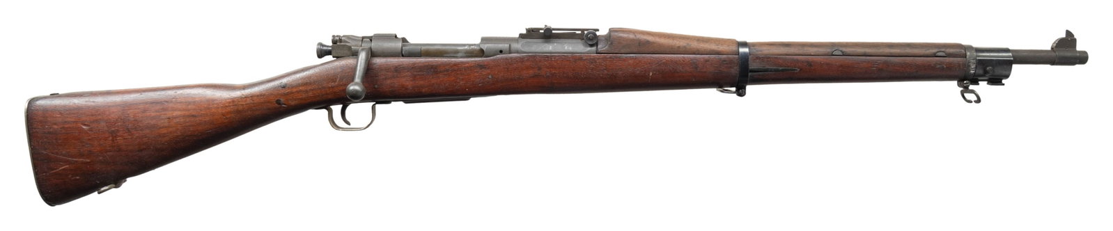 U.S. PRE-WWI SPRINGFIELD MODEL 1903 BOLT ACTION: MILITARY RIFLE. Cal. 30-06. S# 483643. Bbl. 24". Replacement barrel is marked behind front sight "RA / flaming bomb / 8 44". Ladder rear sight graduated to 2,850 yards. Movable base and ladder are mar
