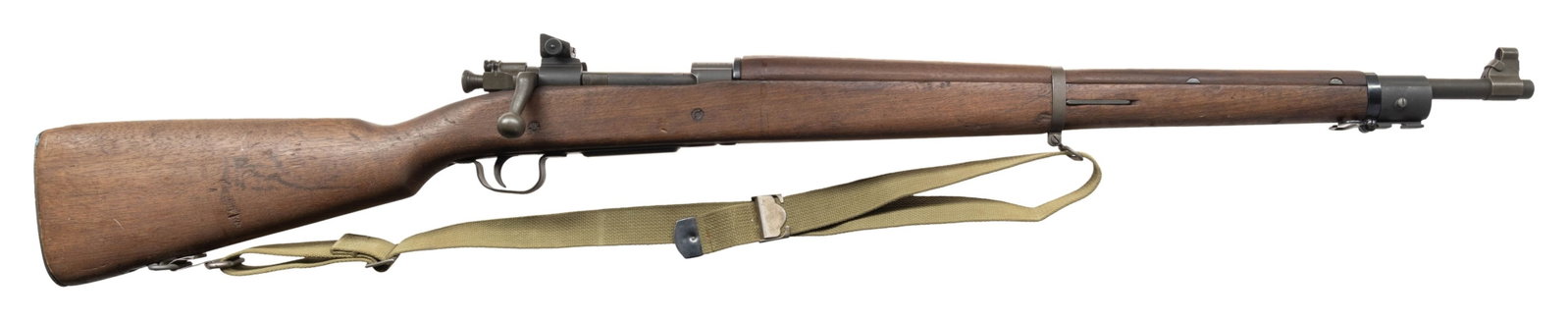 US WWII REMINGTON MODEL 03A3 BOLT ACTION MILITARY: RIFLE. Cal. 30-06. S# 4031196. Bbl. 24". Barrel is marked behind front sight "RA / flaming bomb / 4-44". Receiver has been salvaged perhaps from drill rifle. The bridge area on the left side has been 