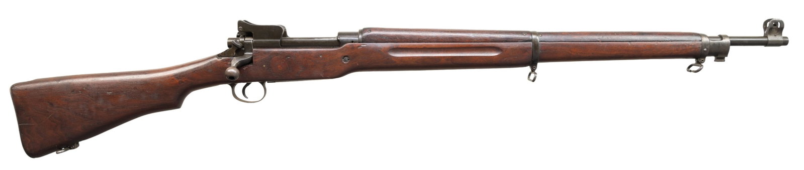 US WWI WINCHESTER MODEL 1917 BOLT-ACTION MILITARY: Cal. 30-06. S# 496560. Bbl. 26". Barrel is marked behind front sight "W / flaming bomb / 11-18". All major parts markings except safety are marked "W". Safety marked "E". Ladder rear sight graduated t