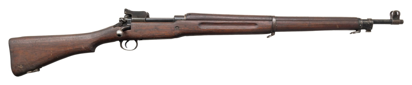 US WWI WINCHESTER MODEL 1917 BOLT ACTION MILITARY: RIFLE. Cal. 30-06. S# 444306. Bbl. 26". Barrel is marked behind front sight "W / flaming bomb / 9-18". Ladder rear sight graduated to 1,600 yards. Front sight with protective ears. All major parts mar