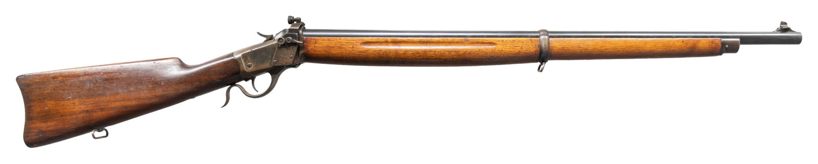 US MARKED WINCHESTER 1885 LOW WALL WINDER MUSKET.: Cal. 22 Short. S# 126688. Bbl. 28" rd with dovetailed blade front sight mounted in the bbl sight lug. Lyman 53 Winder Musket receiver sight. US Ordnance bomb marking present on the receiver behind the