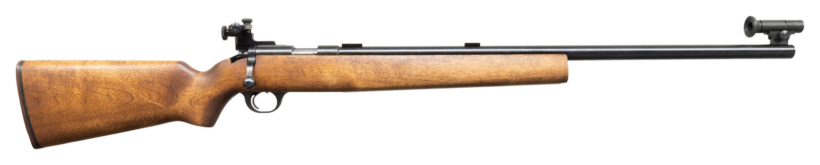 HARRINGTON & RICHARDSON US M12 BOLT ACTION TARGET: RIFLE. CAL. 22 LR. S# AX702161. Mfg. 1981-1986 as the M12 JROTC. Heavy 28" bbl. w/ 2 target blocks. Redfield Olympic Palma match sights. Cock on close single shot action. Walnut stained birch stock w/