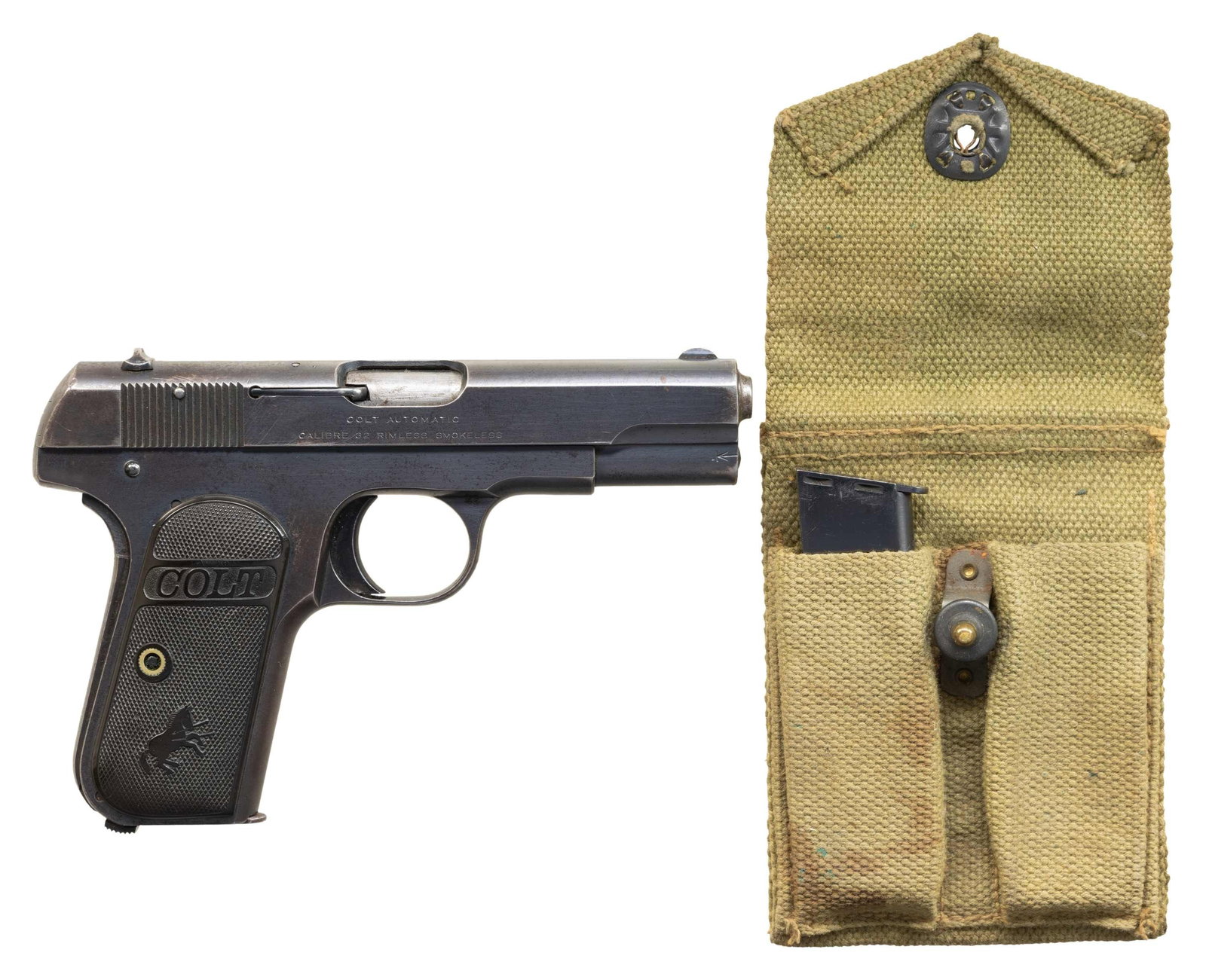 COLT 1903 POCKET HAMMERLESS SEMI AUTO PISTOL.: Cal. 32 Rimless. S# 342968. Mfg. 1920. Bbl. 4". Fixed sights. Checkered Colt hard rubber grips. UNATTACHED ACCESSORIES: Hoff Mfg 1947 web magazine pouch. MAGS: 1-8rd CONDITION: overall good. Metal ret