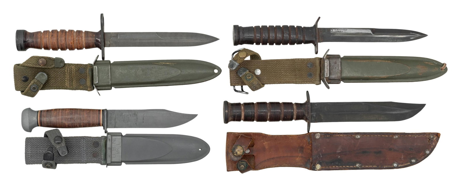 4 US FIGHTING KNIVES & BAYONETS.: 1) PAL RH-35 USN MARK I. Parkerized finished blade with leather wrapped grip. BM Co USN MK1 scabbard. CONDITION: very good with some signs of use. 2) H BOKER & CO US M3. Blued blade with leather