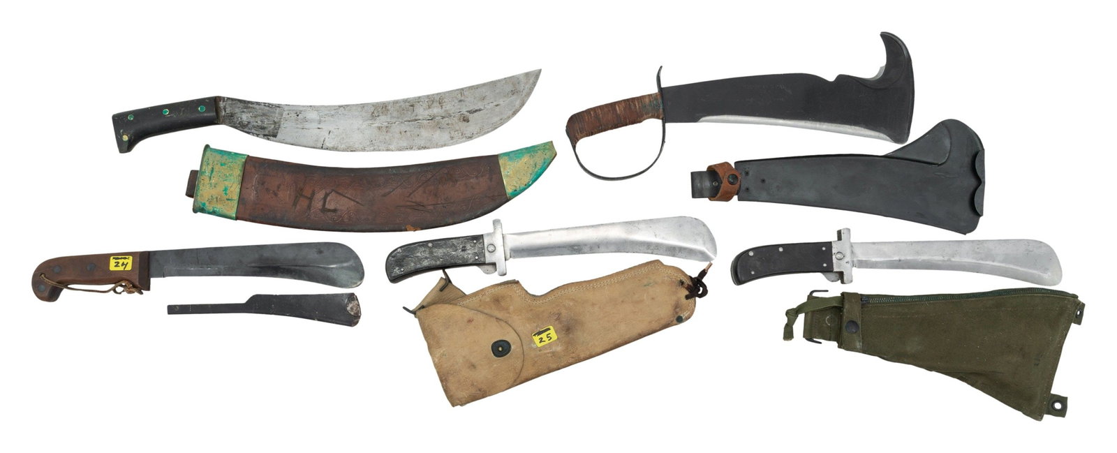 5 US MILITARY MACHETES.: 1) COLLINS No. 1005 ENGINEERS BOLO MACHETE WITH SCABBARD. CONDITION: overall fair-good. Blade has some spots of oxidation and scratches from field use. Belt loop on scabbard in torn.2) WOODSMAN'S PAL