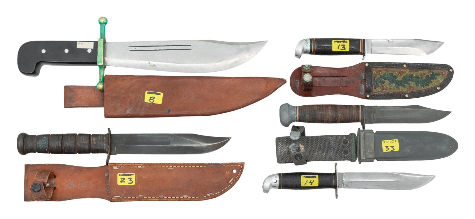 5 US FIGHTING KNIVES.: 1) KINFOLKS US V44. Marked Kinfolks Inc. and comes with the correct plain leather V44 sheath. CONDITION: overall very good with some blade scuffing.2) PAL USN MARK 1 w/ USN MARK 1 SCABBARD. Blade