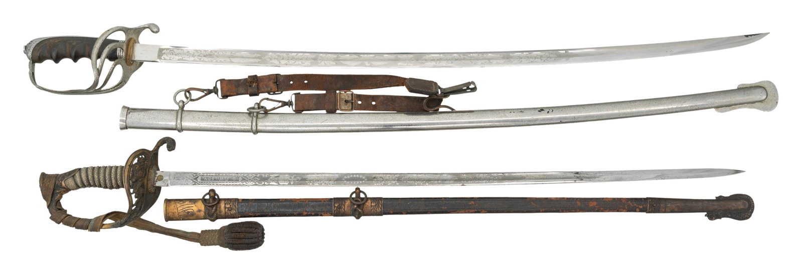 2 US SPAN AM TO WWI SWORDS.: 1) A circa 1900 period personalized M1852 Navy officer's sword measuring 35" overall with an etched 29" blade. Etching includes military, naval and foliate motifs along with a panel that read "G. F.