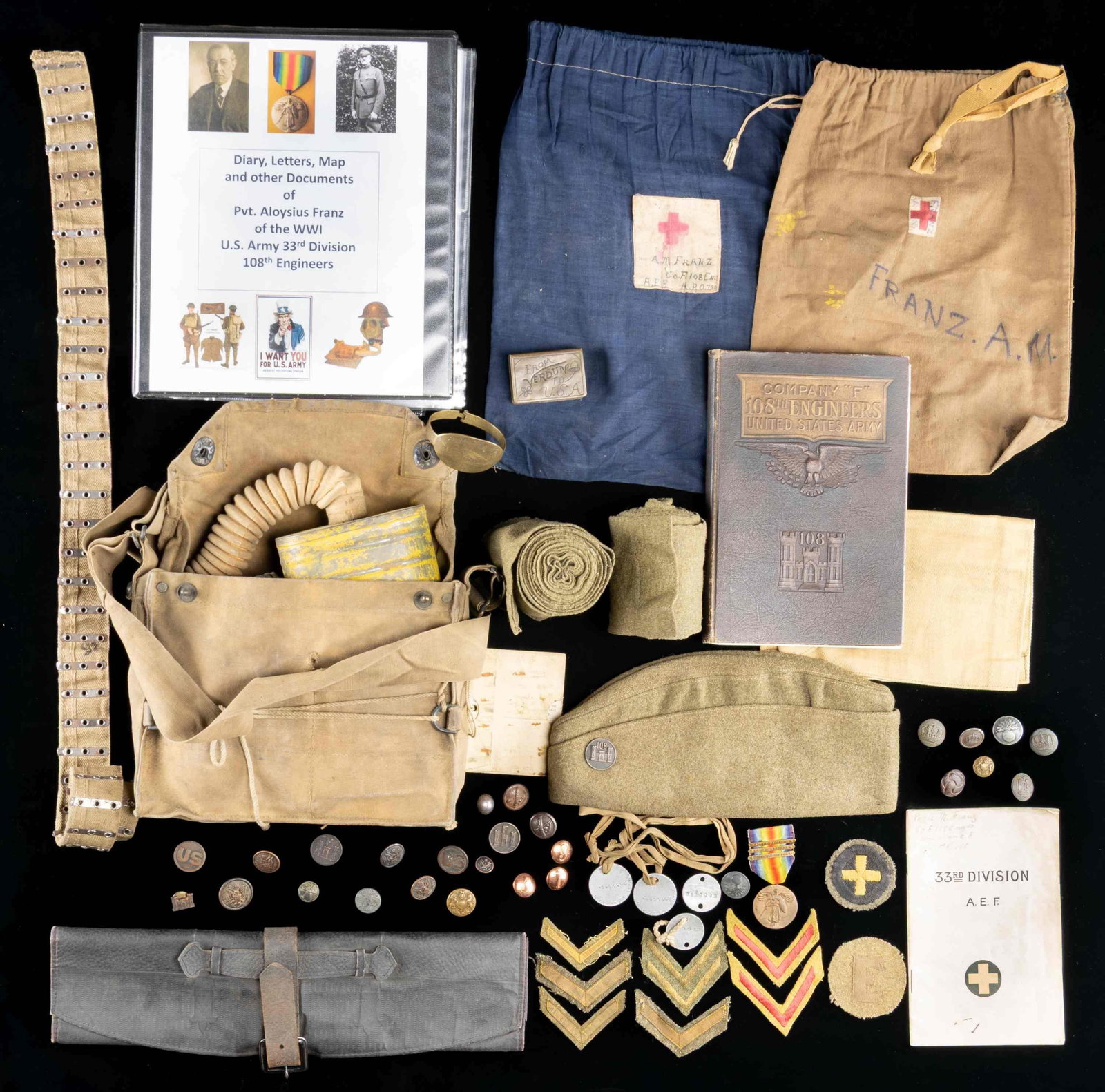 WWI GROUP FOR PVT. FRANZ, US ARMY EXPEDITIONARY: FORCE. This entire lot is from Private Aloysius M. Franz of Co. F 108th Engineers of the 33rd Division of the US Army Expeditionary Force during WWI. The lot contains 5 Wound/service chevrons, 2 Disch