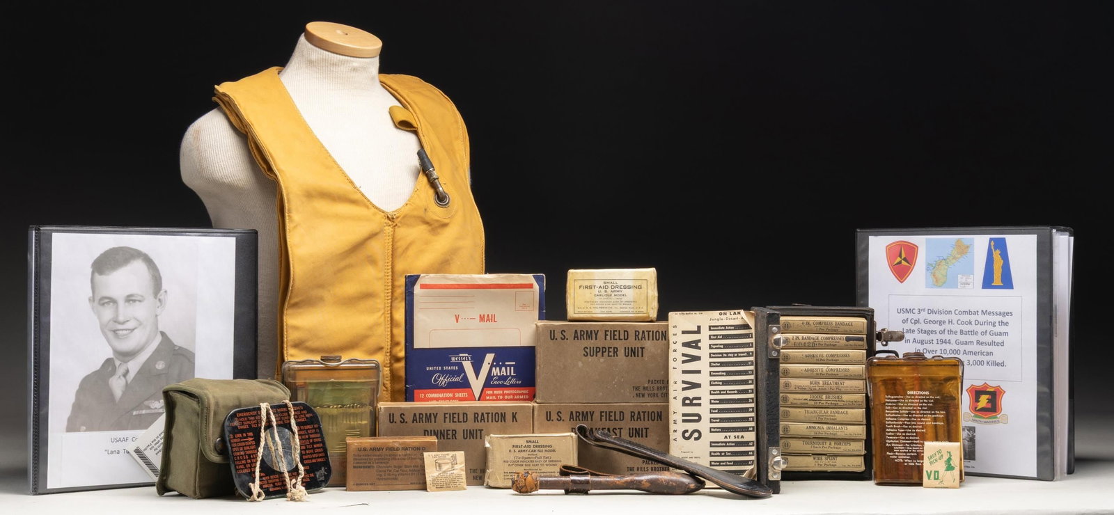 VERY INTERESTING US MILITARIA GROUPING.: 1) USMC 3rd DIVISION COMBAT MESSAGES of CPL. GEORGE H. COOK. Contained in a 1" 3 ring binder are 18 combat messages from the late stages of the Battle of Guam in August of 1944. Including messages