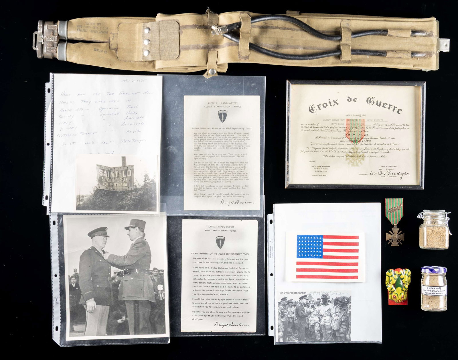 WWII US D-DAY GROUPING.: 1) FRENCH CROIX de GUERRE MEDAL & CERTIFICATE. Issued to Albert Donald Hay, Coxswain, US Naval Reserve, and a member of the sixth naval beach battalion. This was given for his participation in the