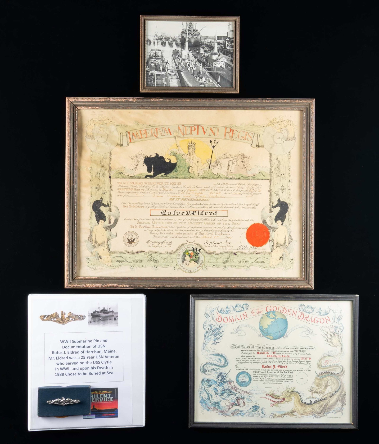 USN GROUPING OF RUFUS ELDRED OF HARRISON, MAINE.: Rufus Eldred joined the USN in 1927. During WWII he served aboard the USS Clytie (AS-26), an Aegis class submarine tender. He survived the war and moved to Harrison, ME after retiring in 1952. This gr