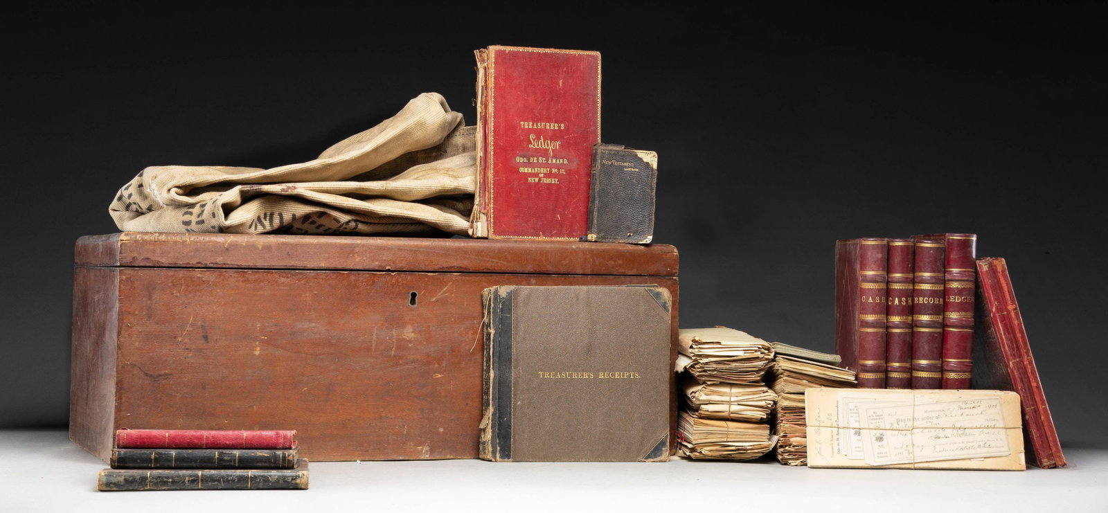 KNIGHTS TEMPLAR CHEST WITH EARLY DOCUMENTS, BOOKS,: AND LEDGERS FROM MORRISTOWN NEW JERSEY AND AN IDENTIFIED DUFFEL BAG.This extensive and fascinating lot includes 1) Knights Templar wood chest with the lid is marked "ODO DE ST AMAND/ COMMANDERY No 12/