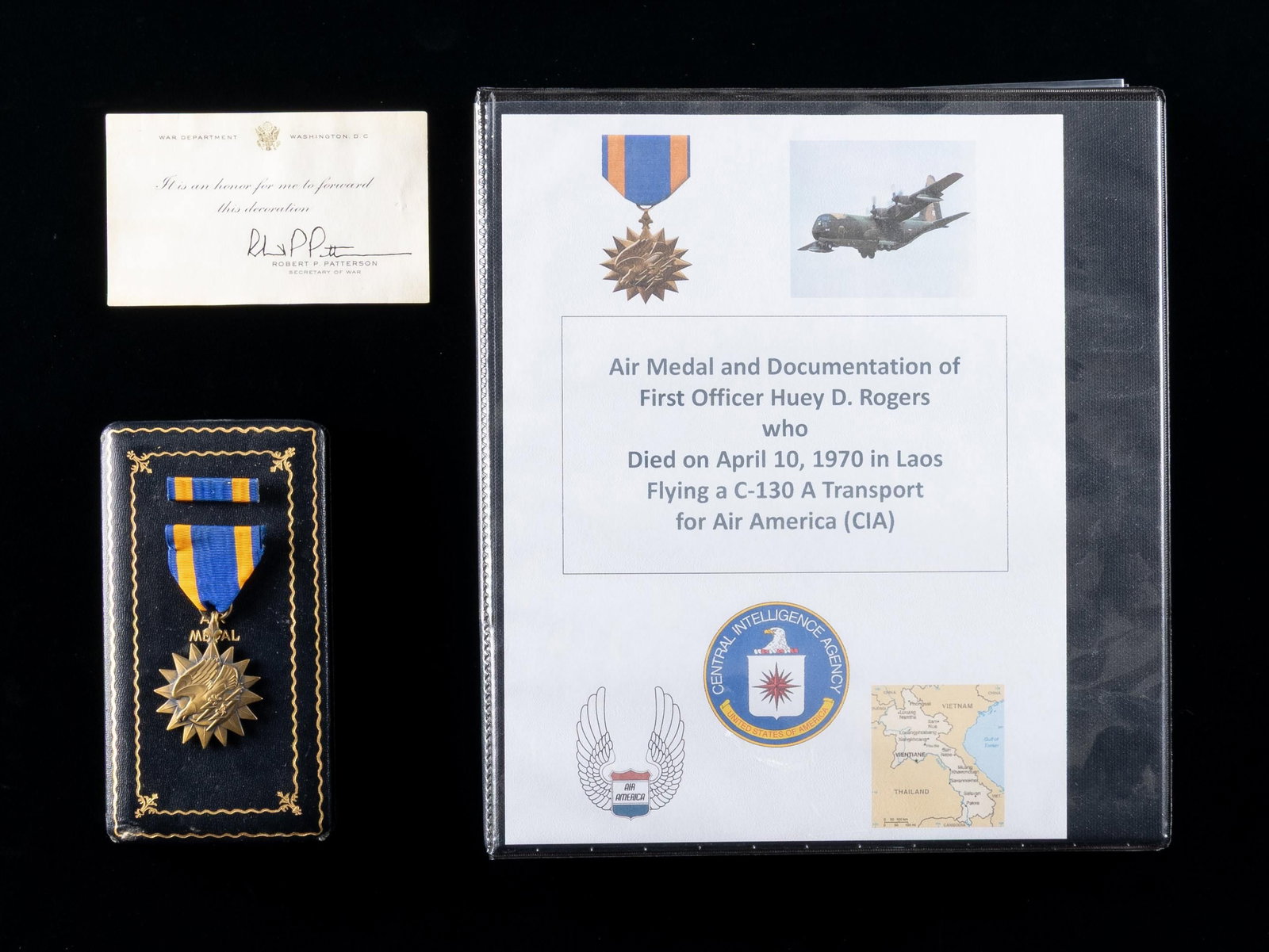 AIR MEDAL OF 1st OFFICER HUEY D. ROGERS KIA IN: LAOS APRIL 10, 1970. Rogers while flying en route from Takhli, Thailand to Long Tieng, Laos carrying fuel and ammunition crashed into a mountain due to bad weather killing everyone on board. He had fl