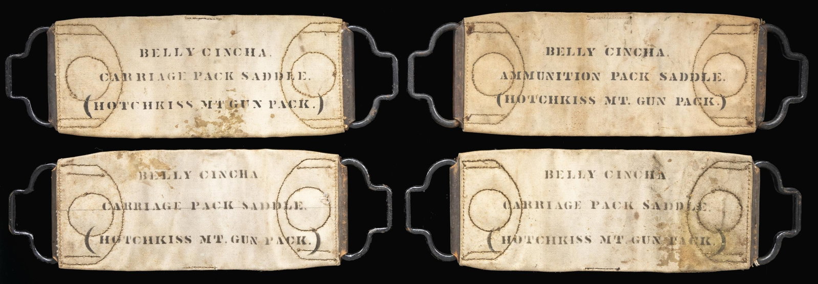 4 UNITED STATES CAVALRY HOTCHKISS BELLY CINCHES.: 4 Seldom seen canvas and leather US Cavalry cinches stenciled " BELLY CINCHA CARRIAGE PACK SADDLE. (HOTCHKISS MT GUN PACK.) on the canvas. The leather is marked "ROCK ISLAND ARSENAL". There is a