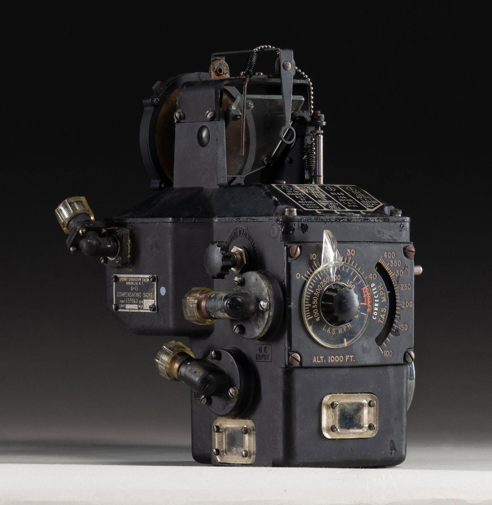 WW2 K13 50 CAL AIRCRAFT GUN SIGHT.: WW2 era K13 .50 Caliber aircraft sight made by Sperry of Brooklyn, NY. These sights were notably used by B17 & B24 gunners. CONDITION: metal parts show oxidation & worn paint. Item shows overall
