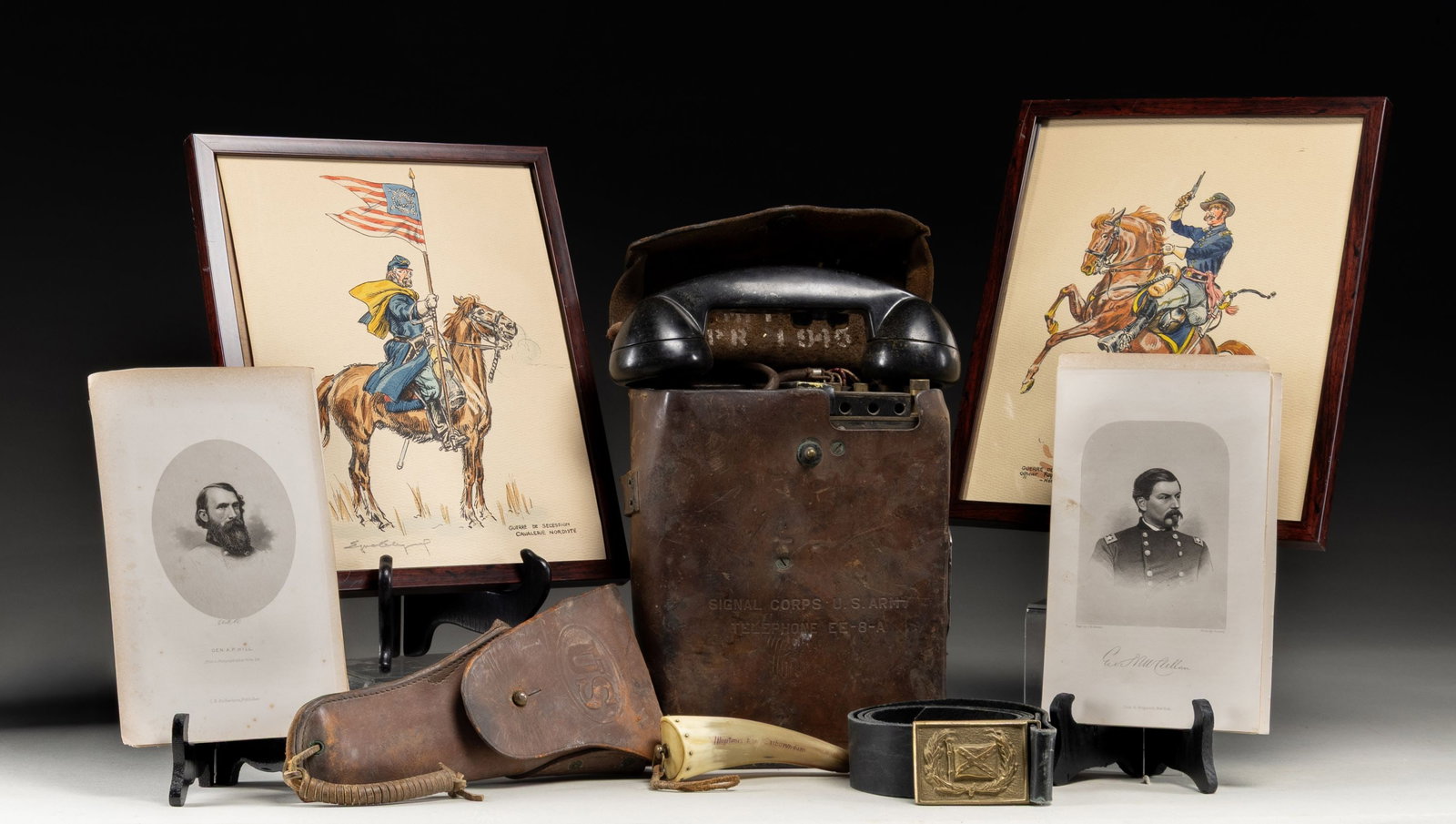 WWII US FIELD TELEPHONE, CIVIL WAR ENGRAVINGS, AND: MORE. This group of US militaria includes 1 US Signal Corps field telephone type "EE-8-A" in its leather case, 1 Leather holster with a "US" in oval on the front flap, 1 Reproduction Confederate belt