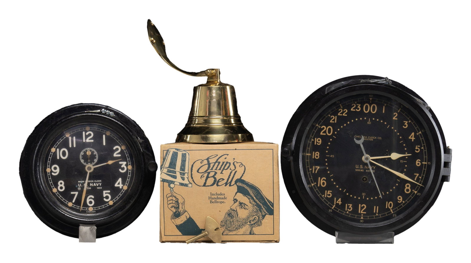 2 USN SHIPS CLOCKS AND BELL.: 1) CHELSEA USN MARK I DECK CLOCK. CONDITION: overall very good. 2) CHELSEA USN DECK CLOCK. CONDITION: overall very good. 3) AUTHENTIC MODELS SOLID BRASS SHIPS CLOCK. CONDITION: very good. The clocks