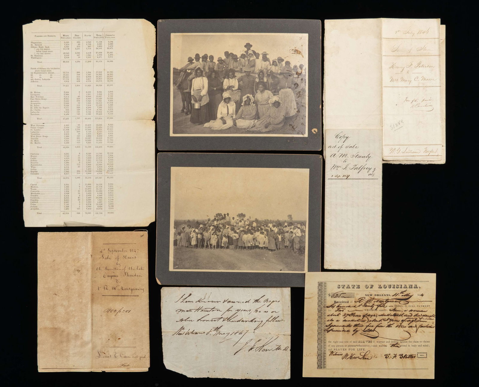 LOUISIANA AFRICAN AMERICAN ARCHIVE.: Two 1905 6"x8" albumin photos mounted on larger boards of groups of African Americans posed with horse drawn wagon. Good details of faces & clothing; larger group photo has probable white overseer at 