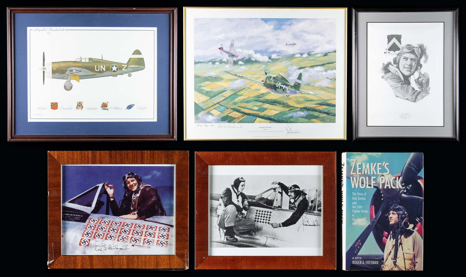 WWII AVIATION GROUP RELATED TO ZEMKE'S WOLF PACK.: This fine WWII aviation group relates to Hub Zemke's wolf pack of highly successful fighter pilots with scores of kills. The group includes 1 Autographed black and white print of Zemke in flight gear 