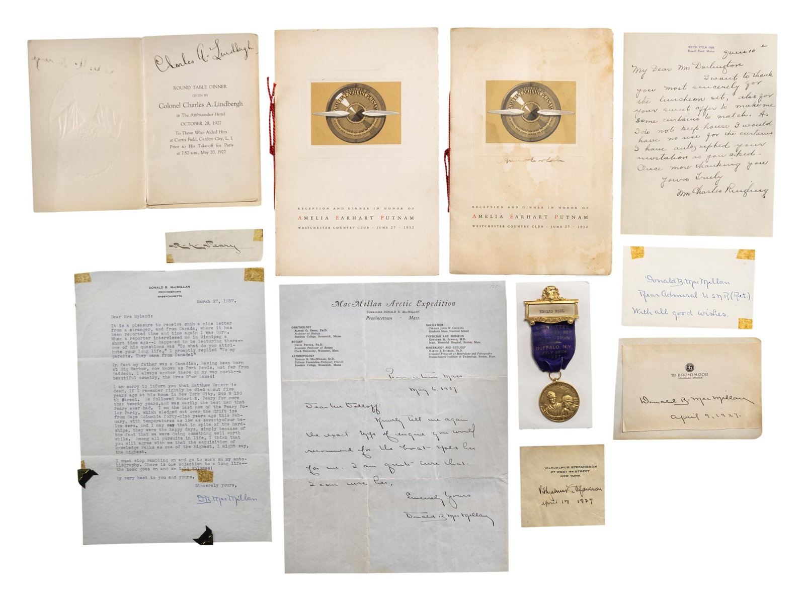 AVIATION & POLAR EXPLORER AUTOGRAPHS.: This fascinating lot includes 2 Amelia Earhart commemoration 4 page menus of her trans-Atlantic flight, June 27, 1932, one is signed on cover. Signature of Arctic explorers: Vilhjalmur Stefansson and 