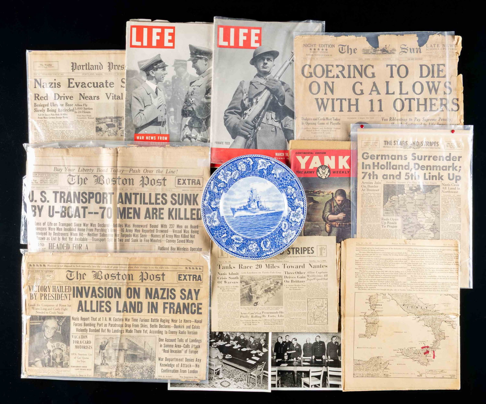 WWII EPHEMERA AND BATH IRON WORKS PLATE.: This lot of ephemera includes 1 copy of Life magazine dated February 3, 1941 with Goebbels and Goring on the front, 1 Yank weekly 1945 victory edition, 1 copy of Life magazine dated march 16, 1942 wit