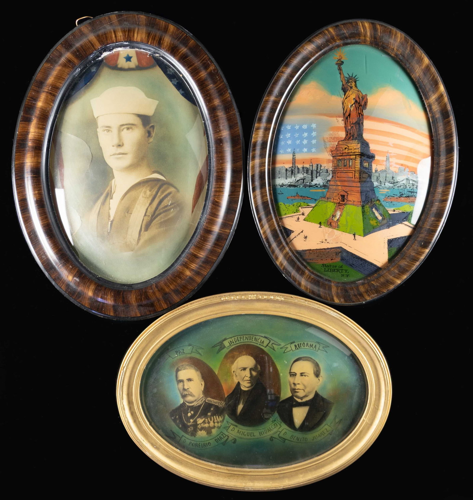 THREE LARGE OVAL FRAMED WW1 ERA IMAGES.: 1) 25"x19" framed unidentified Americal sailor. 2) 22"x16" framed Heroes of Mexican Independence, Diaz, Hildago, and Juarez. 3) 23"x17" reverse stenciled/painted glass of Statue of Liberty.