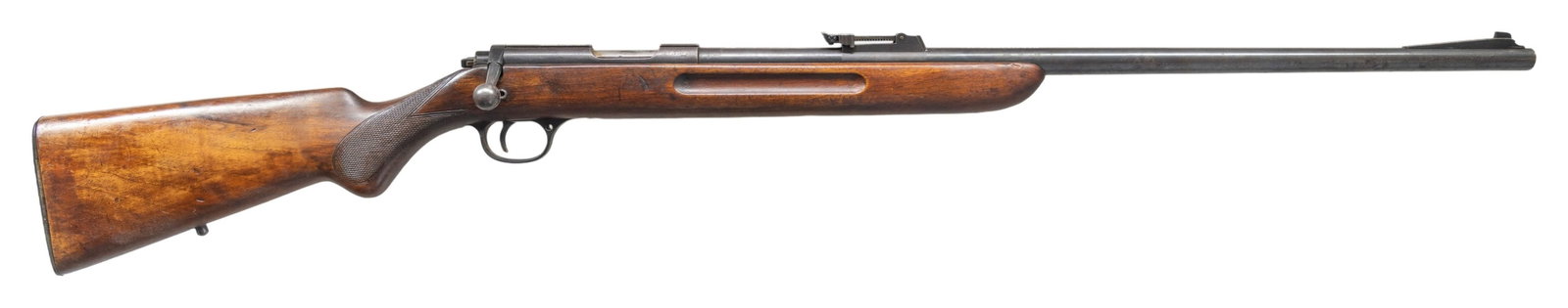 PRE-WAR WALTHER SPORTSMODELL V BOLT ACTION RIFLE: WITH SPURIOUS SS INSCRIPTION. Cal. 5.4mm. S# 79406. Bbl. 25 5/8". Sportsmodell V bolt action rifle mfg. by Walther. Top of the bbl. is engraved with a spurious "KARL WOLF SS, with the Walther banner