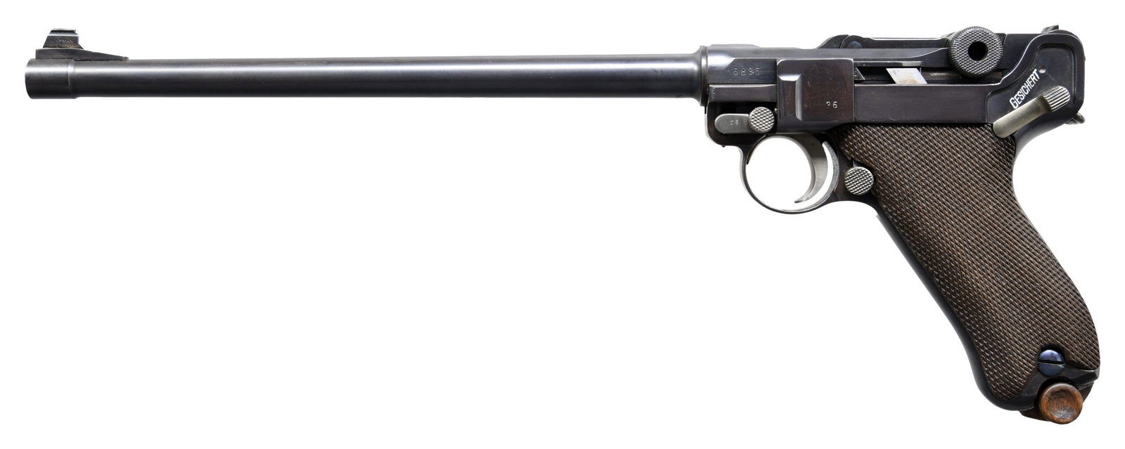 NICELY CUSTOMIZED DWM "1917" DATE LP.08 LUGER: SEMI-AUTOMATIC PISTOL. Cal. 7.65x21mm Parabellum. S# 6836a. Bbl. 10 1/8". Nicely customized and restored LP.08 Luger semi-automatic pistol, originally mfg. by DWM for the Imperial German military in 1
