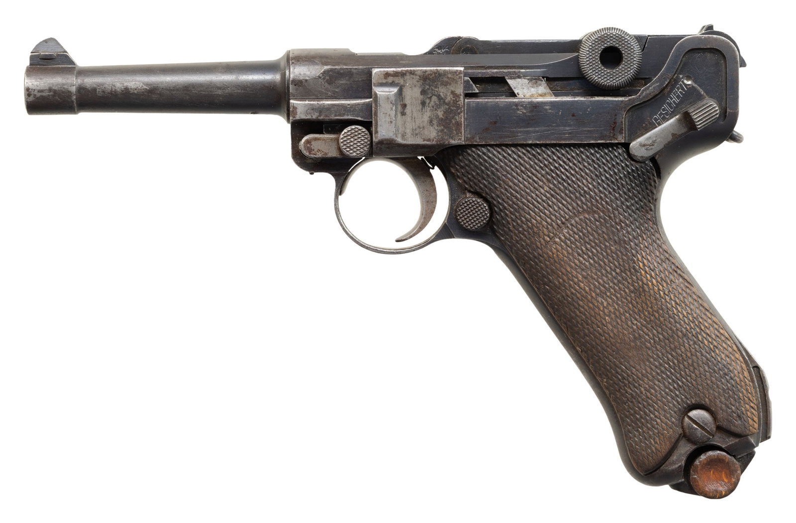 DWM MODEL 1920 COMMERCIAL LUGER SEMI-AUTOMATIC: PISTOL. Cal. 30 Luger. S# 257m. Bbl. 3 3/4". Model 1920 Commercial Luger semi-automatic pistol mfg. by DWM. The bbl. extension is marked with a vertical Crown/N commercial nitro proof (repeated on und