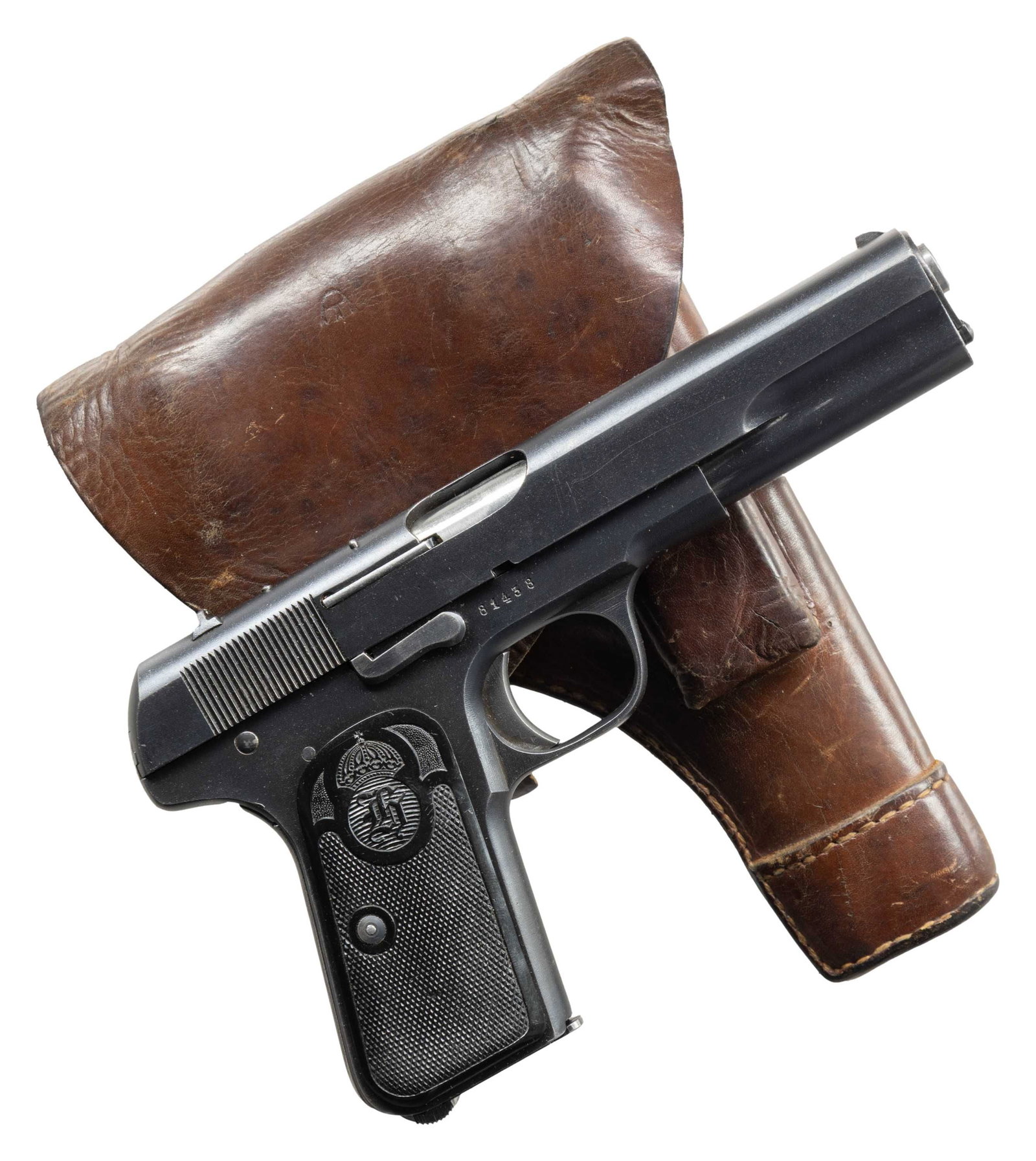 SWEDISH HUSQVARNA M/1907 SEMI-AUTOMATIC PISTOL: WITH HOLSTER. Cal. 380 ACP. S# 81438. Bbl. 5". M/1907 semi-automatic pistol mfg. in Sweden by Husqvarna under license from Fabrique Nationale. Left side of the slide is marked "HUSQVARNA VAPENFABRIKS