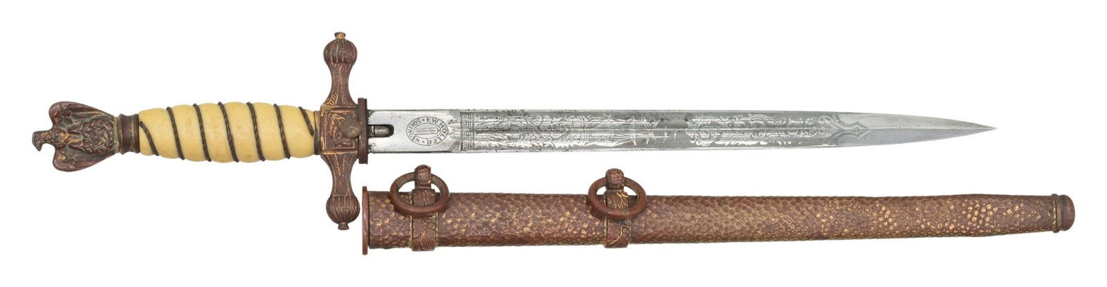 FW HOLLER ETCHED BLADE KREIGSMARINE OFFICER'S: DAGGER. Correct Holler features on the gold gilted crossguard, pommel & wood base white celluloid grips. Rare hammered scabbard with matching gold gilt. Etched blade featuring a naval motif.