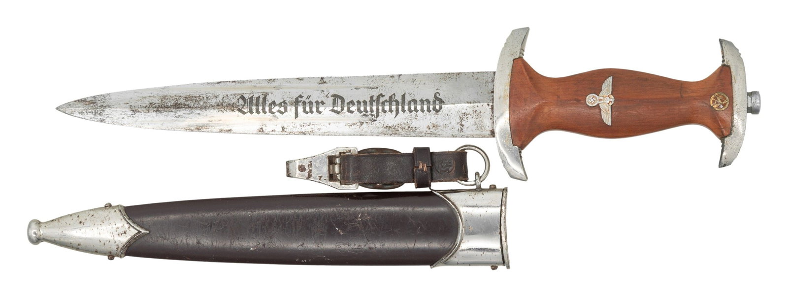 WWII GERMAN RZM MARKED SA DAGGER.: Blade carries the RZM number "M7/67/41" indicating that it was mfg. Robert Klass in 1941. Nickel plated mounts with brown painted scabbard, but also has nickel plated mounts with hanger, mfg by