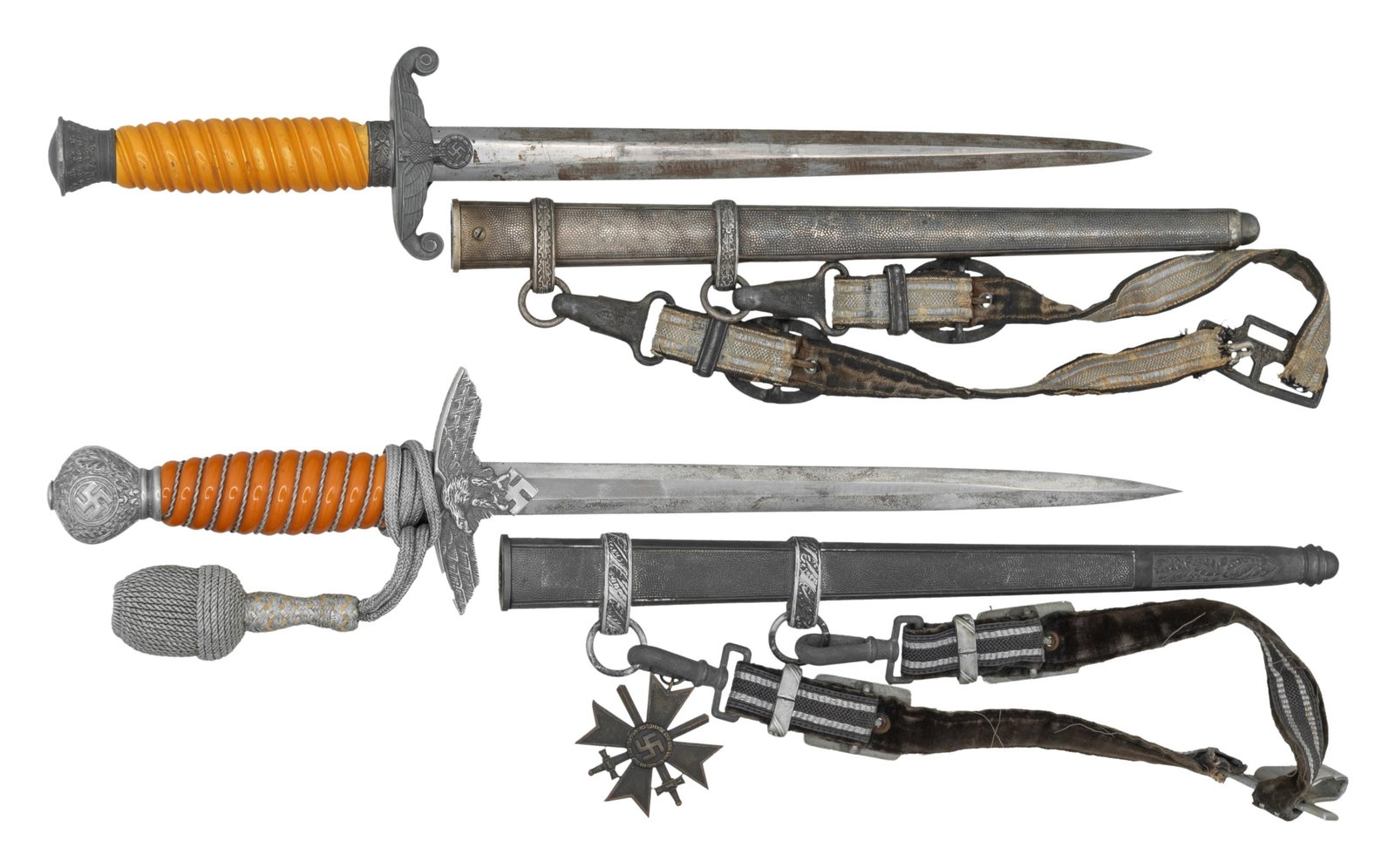 2 WWII GERMAN DRESS DAGGERS.: 1) EICKHORN 2nd MODEL LUFTWAFFE DAGGER. Engraved oak leaves on the crossguard. Pumpkin grips with aluminum wire. Silver bullion portepee. Eickhorn scabbard with airplane grey finish. Hanger present
