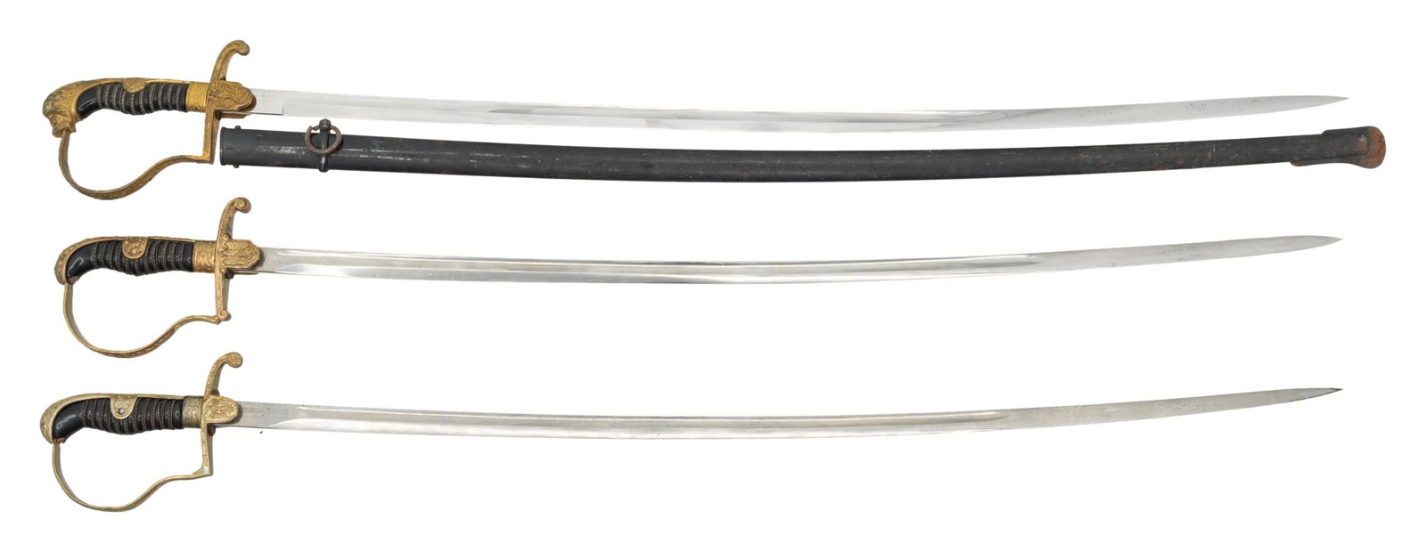 3 WWII GERMAN SWORDS.: 1) WWII German Army sword measuring 36 3/4" overall with a 31 3/4" plain single fullered blade. The blade is marked on the ricasso on the reverse " ORIGINAL (logo) Eickhorn SOLINGEN ". Gilded brass