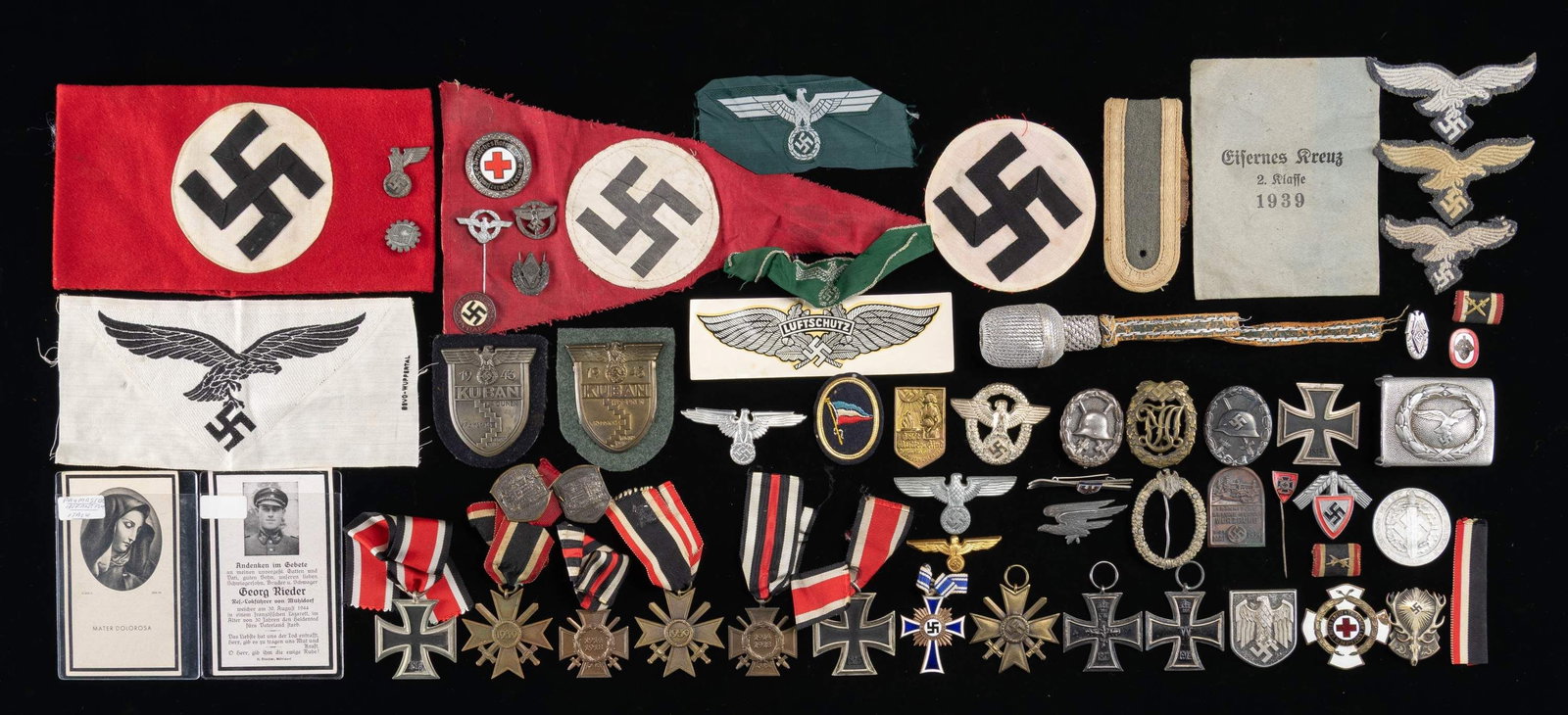 LOT OF WWII GERMAN MEDALS, BADGES, PINS & MORE.: This very large lot of WWII German items includes 1 Wool Party armband, 1 Party armband center only, 1 Party pennant is rough condition, 1 corporal shoulder strap, 1 Luftwaffe sport shirt eagle, 2 Luf