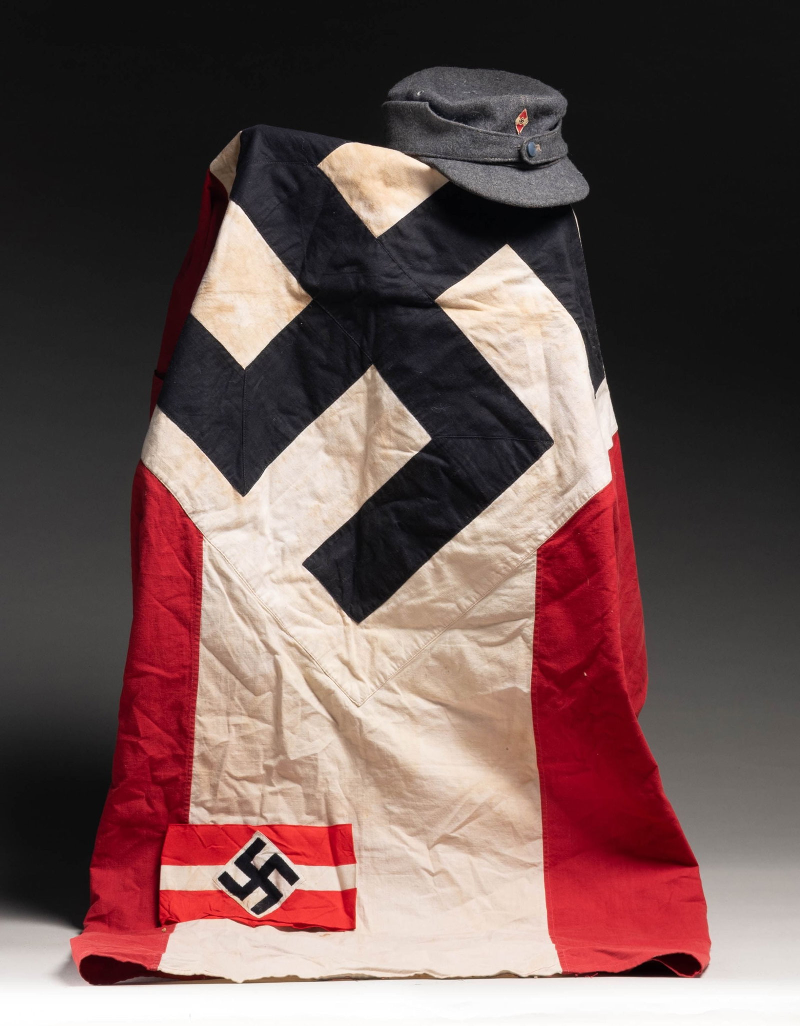 WWII GERMAN HJ FLAG, ARMBAND AND HAT. (1 of 9)