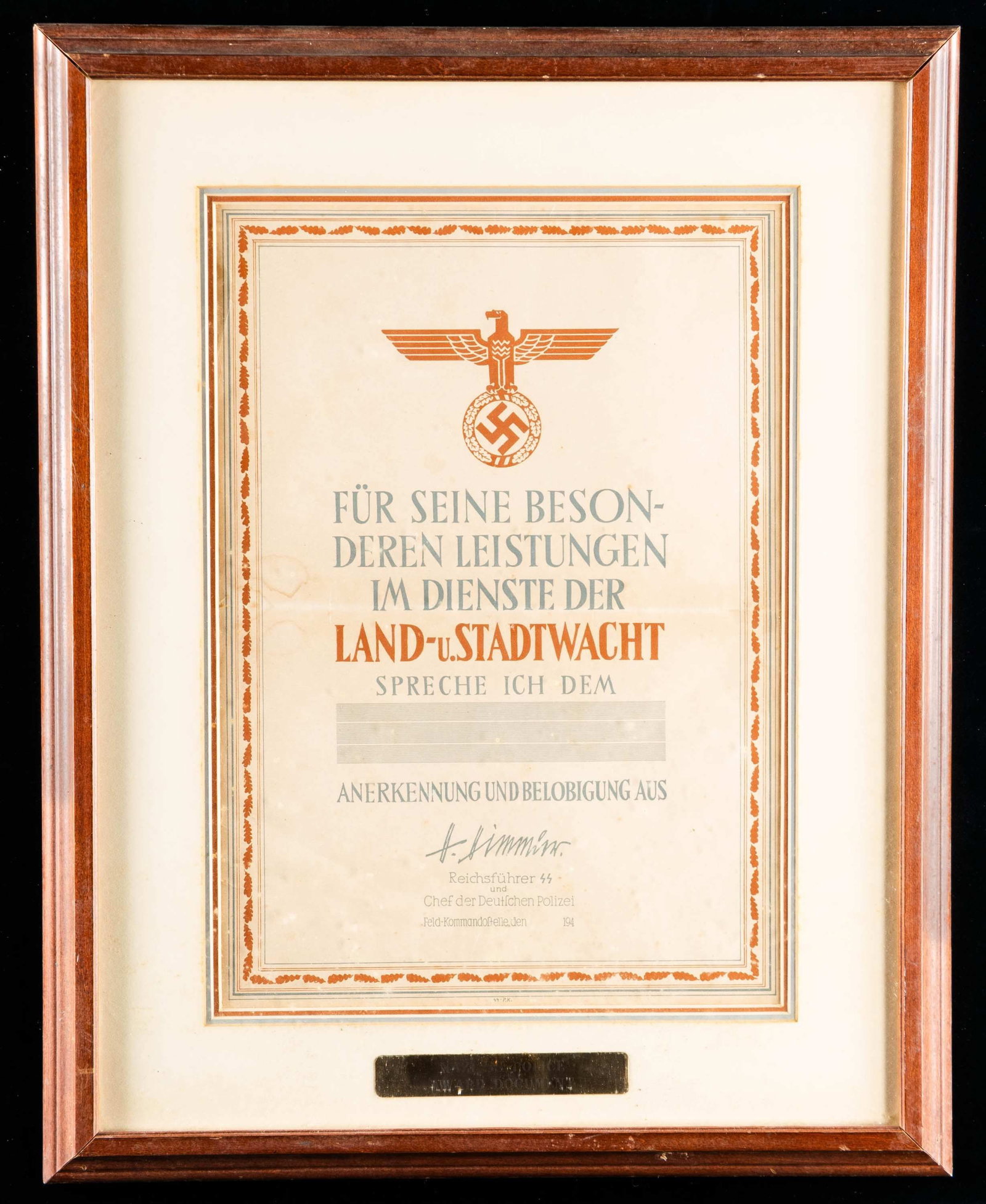 WWII GERMAN POLICE COMMENDATION DOCUMENT. (1 of 1)