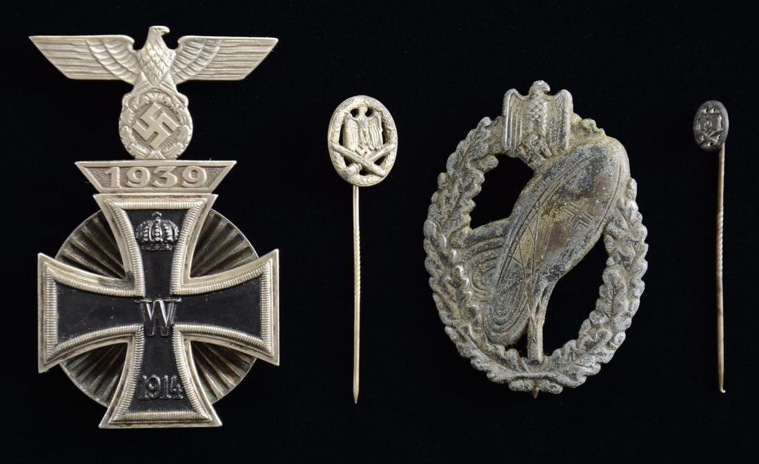 WWII STYLE GERMAN BALLOON OBSERVER'S BADGE, 2: STICKPINS, & A WWI 1st CLASS IRON CROSS WITH SPANGE. This lot contains items of questionable authenticity that may be of post-WWII manufacture. We encourage interested parties to examine items in this