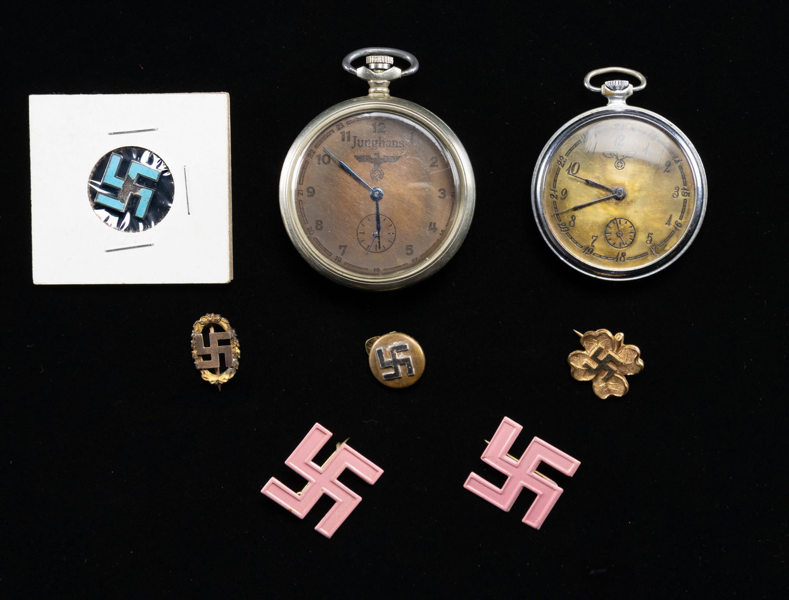 2 WWII STYLE GERMAN WATCHES AND PARTY SYMBOL PINS.: This lot includes 1 Pocket watch with a brass dial and back that reads "Die Xi. Olimpischen Sommerspiele Berlin 1936" with the Olympic rings and a classical Greek building. The face reads "Junghans", 