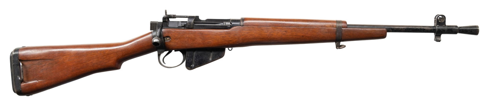 BRITISH NO.5 MKI BOLT ACTION "JUNGLE CARBINE".: Cal. 303 Brit. S# B7389. Bbl. 20 1/2" with flash hider. Blade front sight with protective ears. Aperture ladder rear sight graduated to 800yds. that appears to be an earlier style. Rear sight lever wi