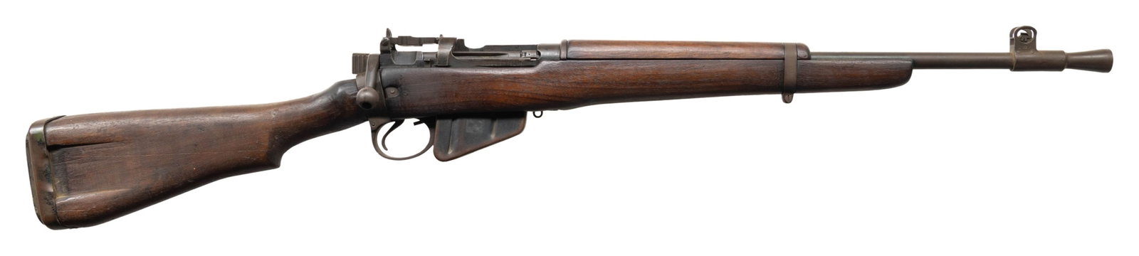 BRITISH NO.5 MKI BOLT ACTION "JUNGLE CARBINE".: Cal. 303 Brit. S# P5144. Bbl. 20 1/2" with British sale proofs & flash hider. Blade front sight with protective ears. Aperture ladder rear sight graduated to 800yds. Bolt & mag have been arsenal renum