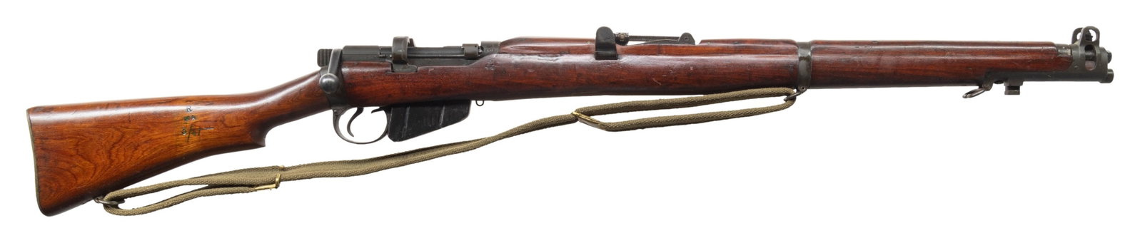RIMFIRE CONVERTED LITHGOW SMLE BOLT ACTION RIFLE.: Cal. 22 LR. S# C35168. Bbl. 25 1/2". Standard SMLE sights with rear graduated to 2000m. Matching numbers on receiver & bolt. Forend & mag are mismatched & other visible parts appear unnumbered. Left o