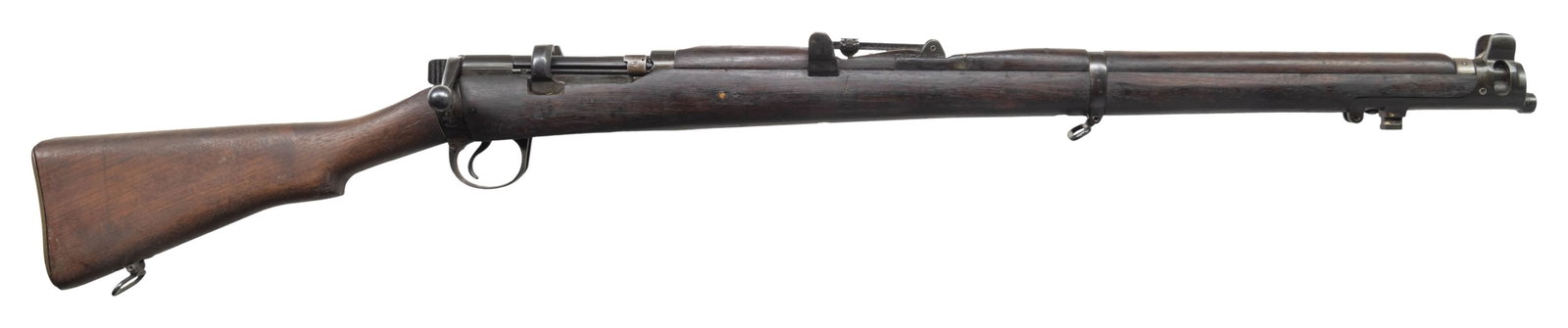 ISHAPORE SHTL.E III* 410 GAUGE CONVERTED SHOTGUN.: Cal. 410 ga. S# 21020F. Bbl 25" smooth bore with dovetailed blade front sight protected by bbl band integral ears. Bayonet lug. Rear sight adjustable to 20. 1948 dated conversion. These are a single s