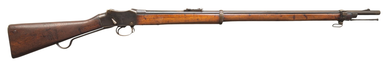 ENFIELD MARTINI HENRY MKIV LONG LEVER RIFLE.: Cal. 577. S# 4443. Bbl. 33". Blade front sight.. Ladder rear sight graduated to 1200yds. Long lever MKIV Martini Henry made by RSAF Enfield in 1887. Arsenal blue finish. Hardwood stock set with no dis