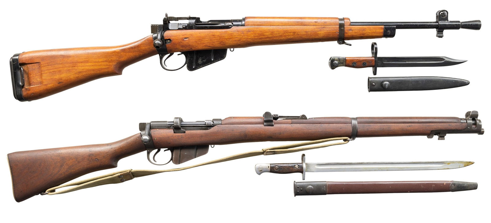 LOT OF TWO BRITISH BOLT ACTION RIFLES.: Cal both 303 Brit. 1) WW2 BSA JUNGLE BOLT ACTION CARBINE. S# BJ4560. Bbl. 20 1/2" with British sale proofs & flash hider. Blade front sight with protective ears. Ladder aperture rear sight properly gr