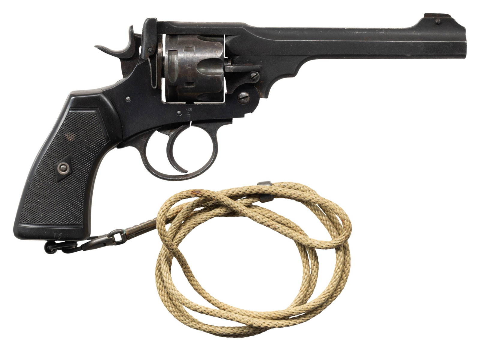 BRITISH WEBLEY MARK VI DOUBLE ACTION REVOLVER.: Cal. 45 ACP. S# 3174. Bbl. 6". Mark VI double action revolver originally mfg. by Webley in 1918 in .455 Webley, and later converted via shaving of the rear face of the cyl. to accommodate .45 ACP ammu